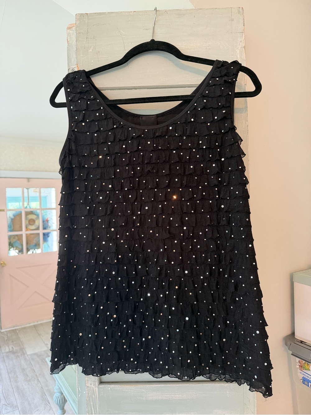 Black Ruffle Tank Top with Silver Sequined Embellishments